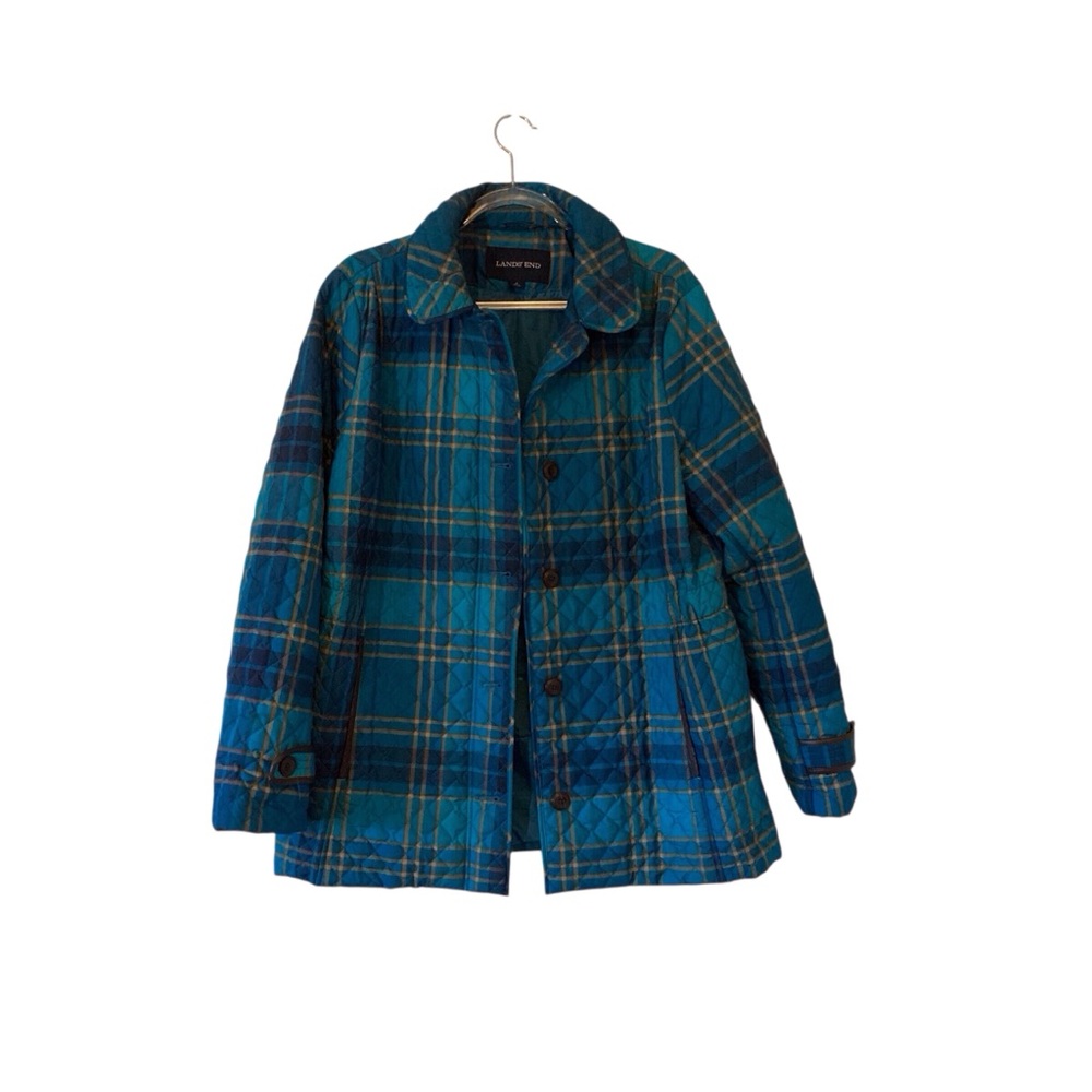 Lands' End Women's Quilted Turquoise Plaid Jacket Size L